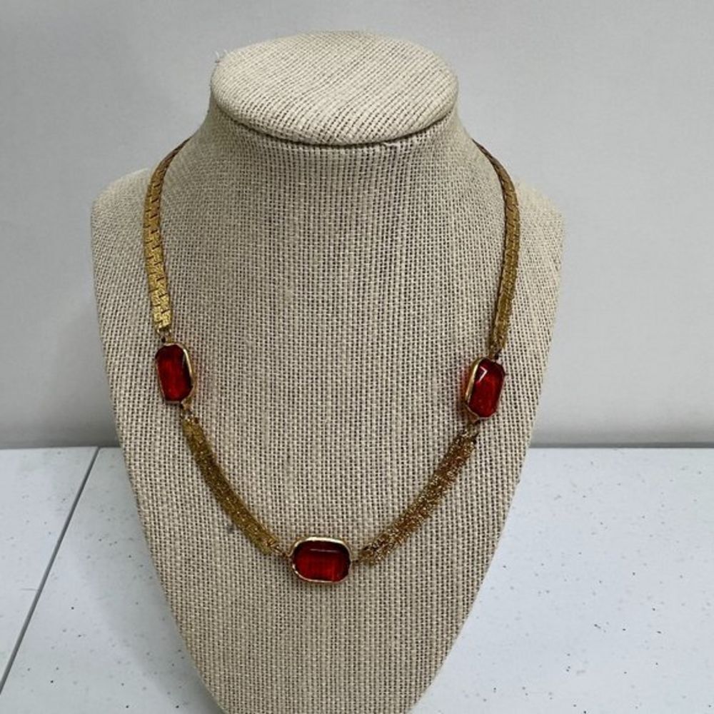 Vintage Necklace Gold Tone Red‎ Orange Tribal Boho Flat Textured Glass